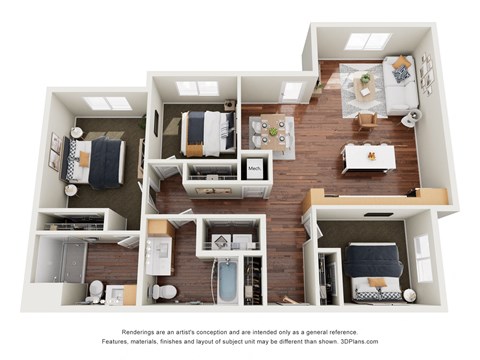 Floor plan for 3 beds, 2 baths, 1174 sqft